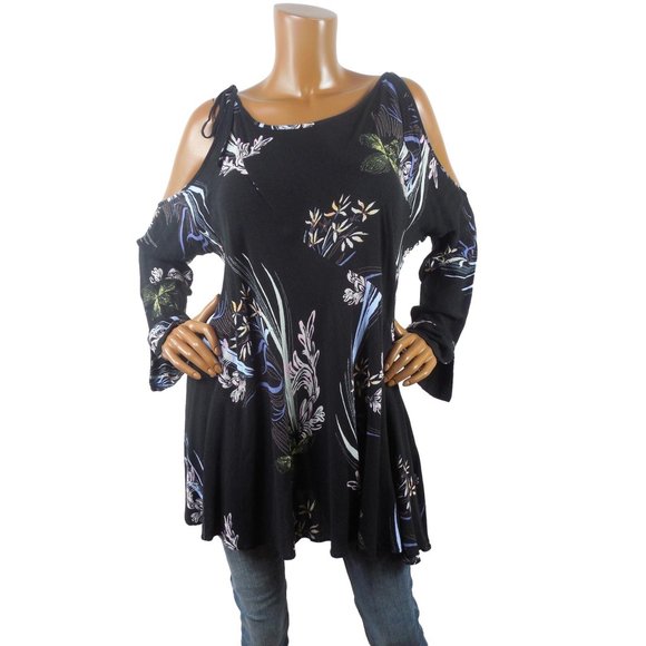 Free People Tops - FREE PEOPLE Top M Black Floral Tunic Shirt Tie Cold Shoulder Long Sleeves Casual